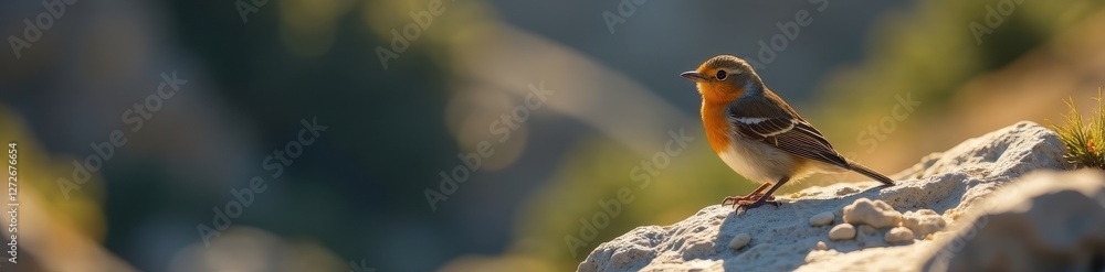 Small bird rests on rugged rock, sunlit feathers , rock texture, landscape Small bird rests on rugged rock, sunlit feathers , rock texture, landscape