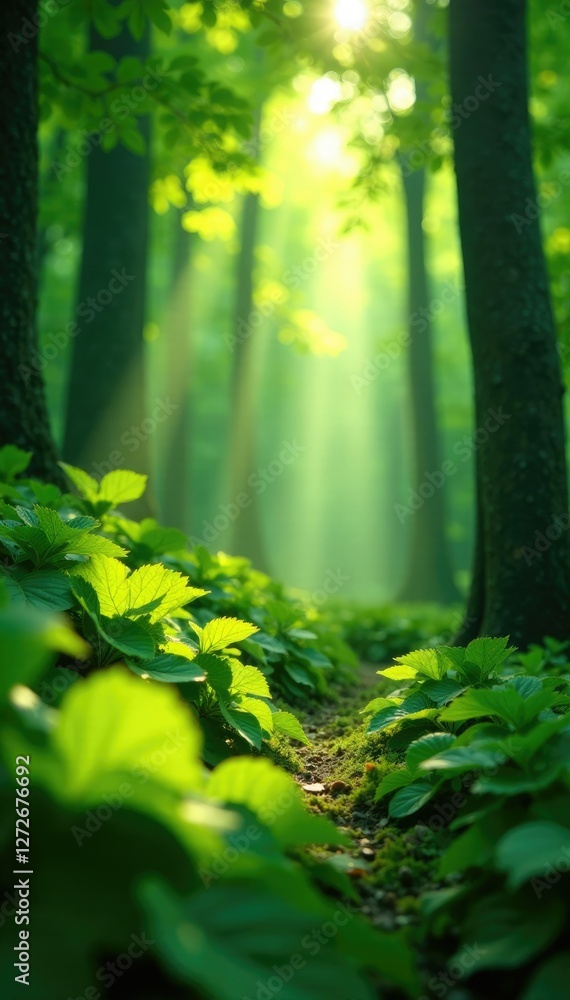 Obraz premium Green foliage with sunlight filtering through, light, filter, foliage