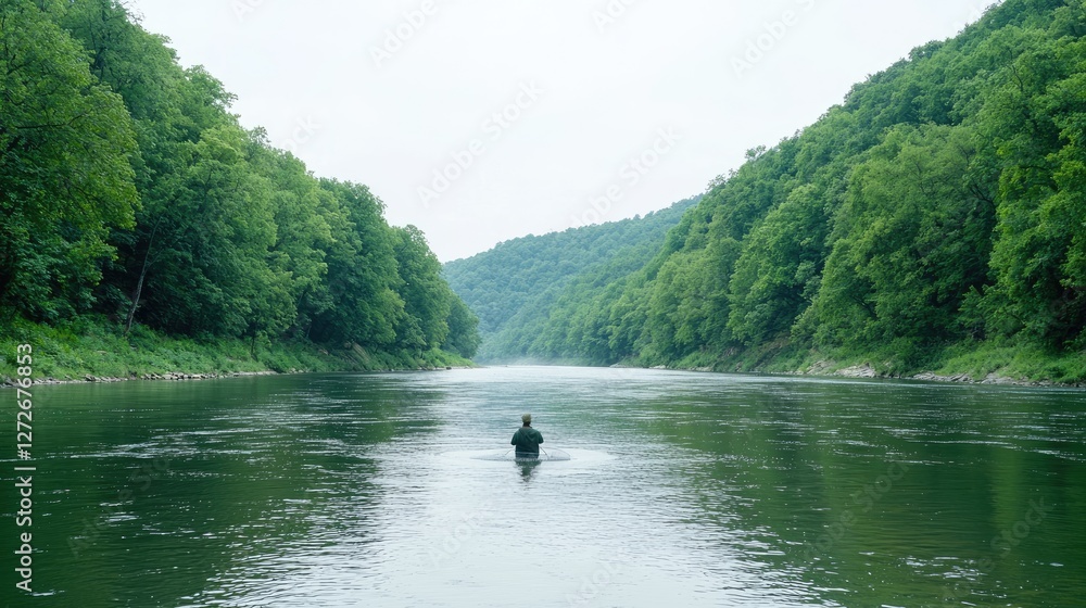 Solitary fly fisherman on calm river, lush green banks, tranquil nature scene, ideal for travel/relaxation Solitary fly fisherman on calm river, lush green banks, tranquil nature scene, ideal for travel/relaxation
