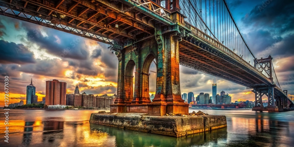 Obraz premium Urban Exploration: Brooklyn Bridge's Historic Steel Structure, Gritty Industrial Detail