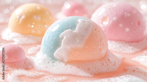 Colorful bath bombs fizzing in a pink soapy water bath photo