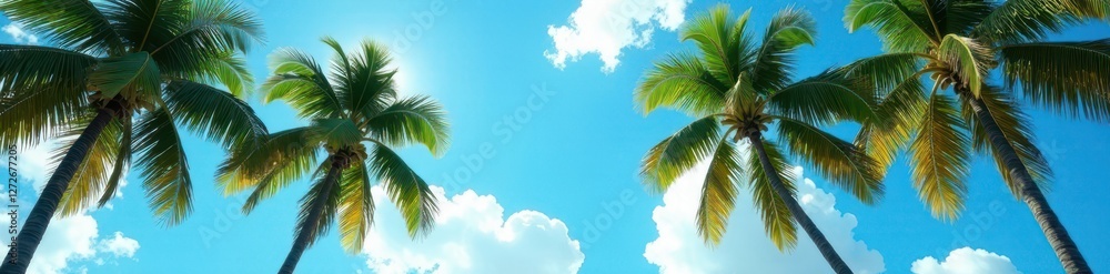 Sun-drenched palms against a cloudless azure sky , green, bright Sun-drenched palms against a cloudless azure sky , green, bright