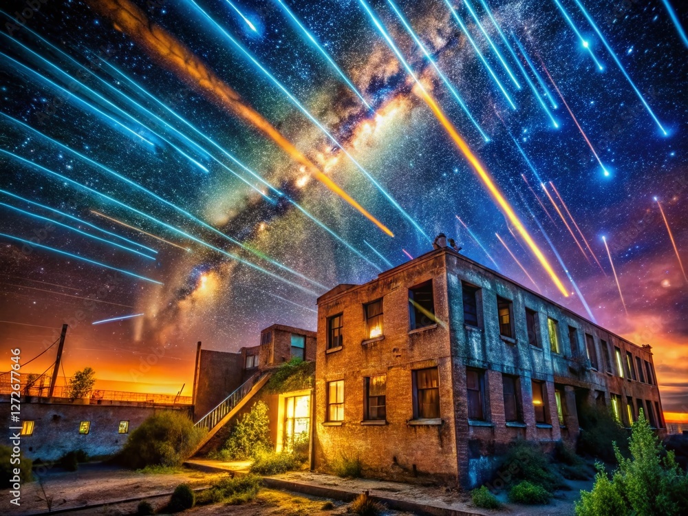 Fototapeta premium Urban Exploration: Meteor Shower Over Cityscape - Astrophotography