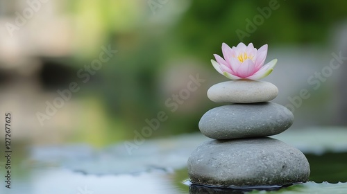 Serene Stacked Stones with Lotus Blossom in Soft Focus Conveying Tranquility and Balance in Nature : Generative AI