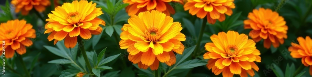 Fototapeta premium Vibrant marigolds, rich orange and yellow hues, lush green leaves , close-up, flowering, petals
