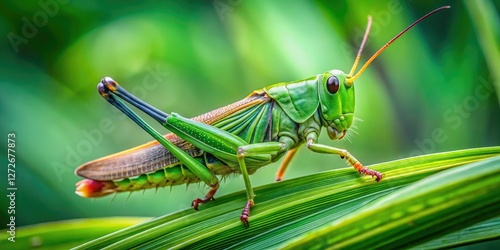 Macro close-up of a vibrant green grasshopper (Tettigonia viridissima) in a garden, showcasing intricate details of this orthopteran insect.