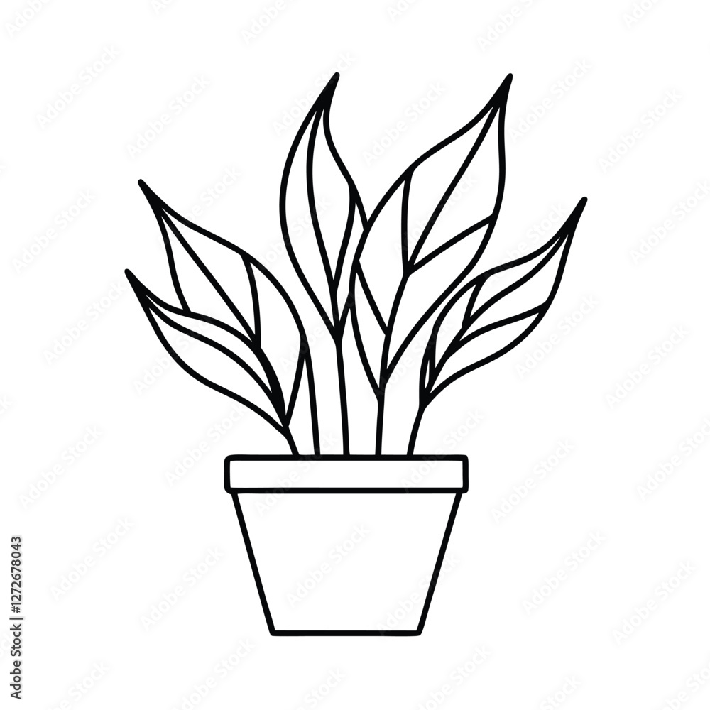 Simple Line Drawing of a Potted Houseplant with Leaves Simple Line Drawing of a Potted Houseplant with Leaves