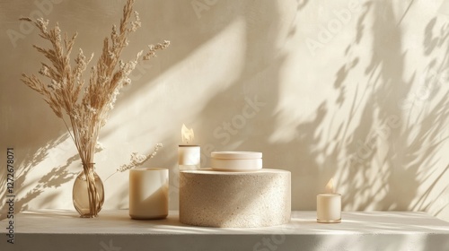 Empty studio interior background for product podium display with beige background shadow, summer product mockup background