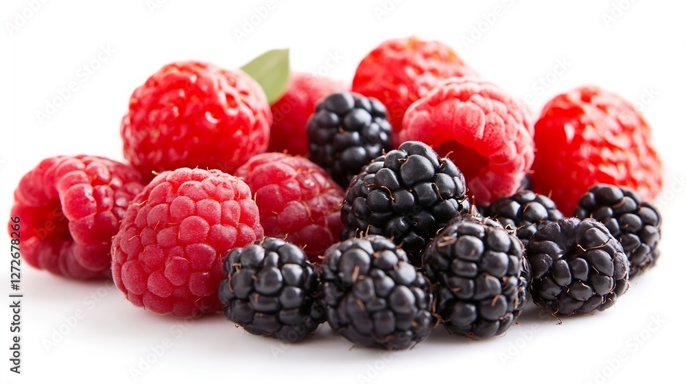 Fresh Raspberries and Blackberries in a Vibrant Pile on White Background : Generative AI Fresh Raspberries and Blackberries in a Vibrant Pile on White Background : Generative AI