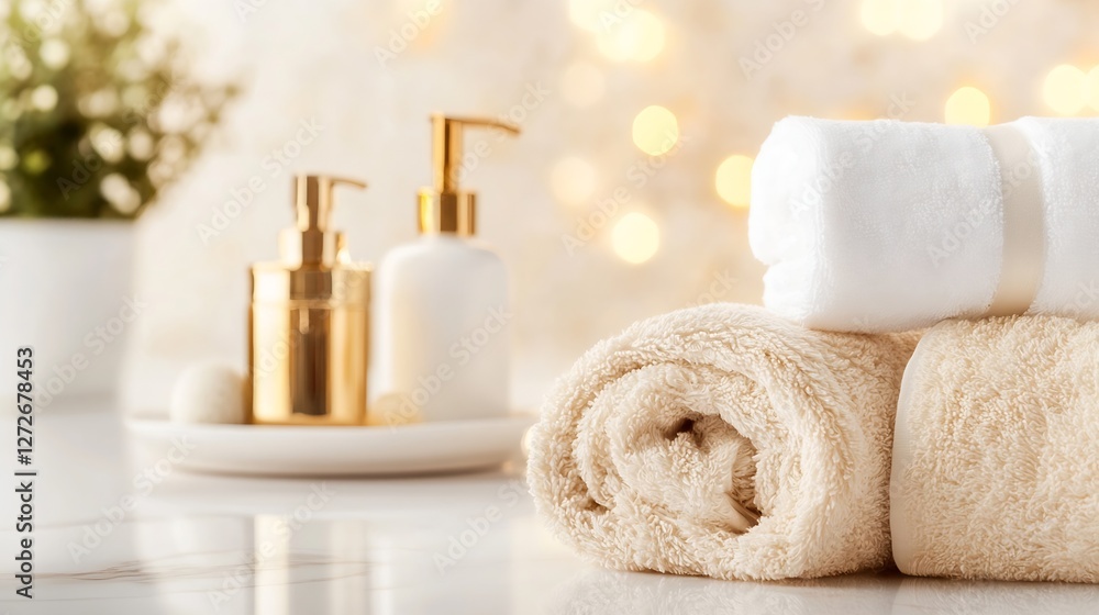 Soft towels and elegant skincare products arranged in a luxurious bathroom setting with calming lights : Generative AI Soft towels and elegant skincare products arranged in a luxurious bathroom setting with calming lights : Generative AI