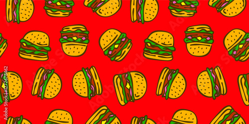 doodle burger pattern background. doodle fast food burger seamless pattern background. Seamless Pattern of a Cheese Burger or Hamburger. hamburger pattern.
