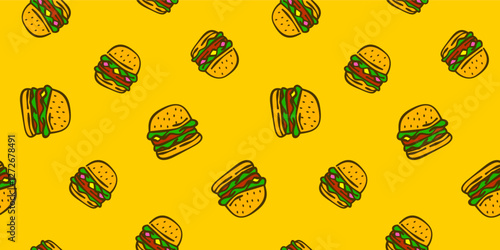 doodle burger pattern background. doodle fast food burger seamless pattern background. Seamless Pattern of a Cheese Burger or Hamburger. hamburger pattern.