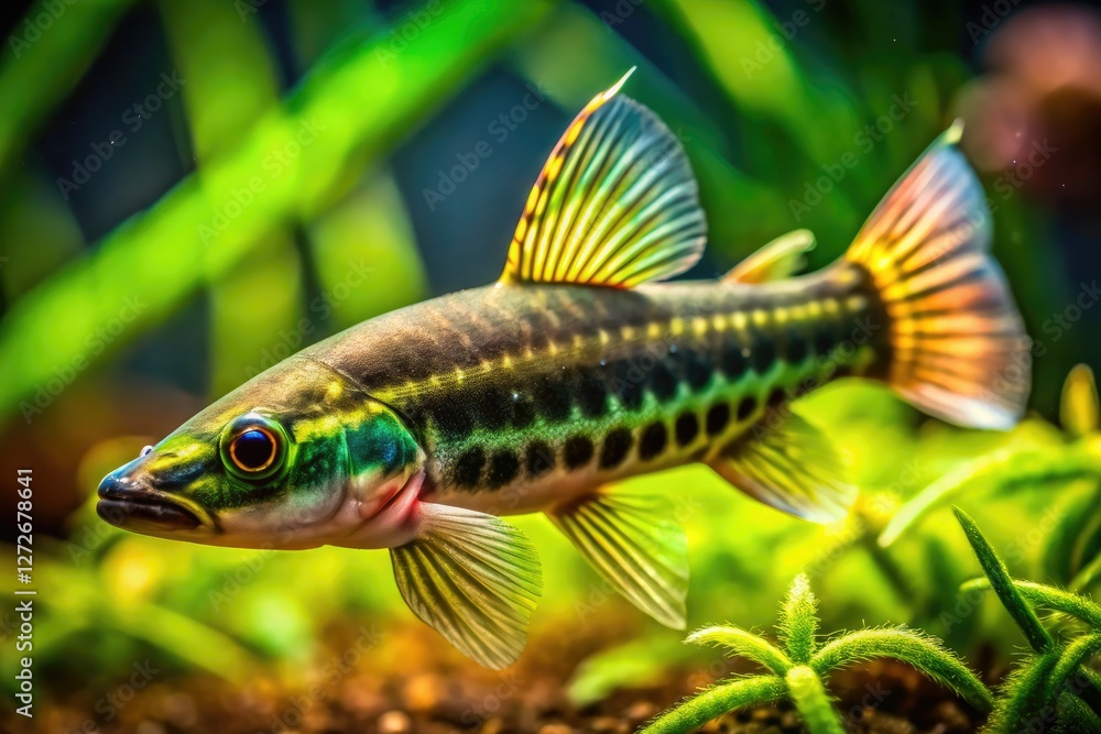 Macro photograph of a Chinese Algae Eater (Gyrinocheilus aymonieri) showcasing intricate details within an aquarium setting. Macro photograph of a Chinese Algae Eater (Gyrinocheilus aymonieri) showcasing intricate details within an aquarium setting.