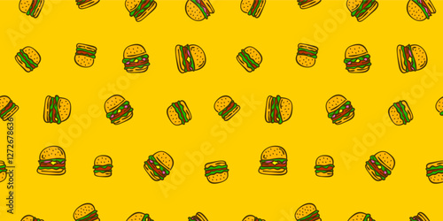 doodle burger pattern background. doodle fast food burger seamless pattern background. Seamless Pattern of a Cheese Burger or Hamburger. hamburger pattern.
