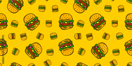 doodle burger pattern background. doodle fast food burger seamless pattern background. Seamless Pattern of a Cheese Burger or Hamburger. hamburger pattern.
