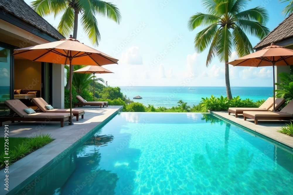 Fototapeta premium Bangkok hotel salt pool, crystal blue water Summer vacation bliss , tropical, hotel