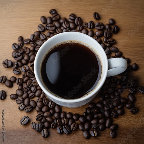 Coffee cup sits amidst beans on wood grain. Background clean surface. Use ads, blog posts, menu, social media