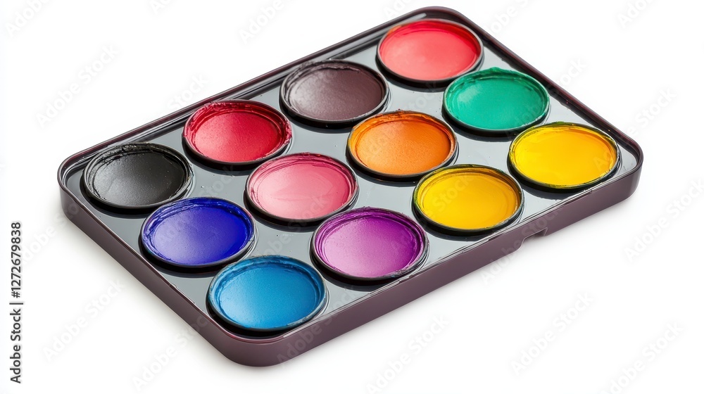 Vibrant Watercolor Paint Set in Metal Case on White Background Vibrant Watercolor Paint Set in Metal Case on White Background