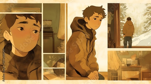 8 panel storyboard, colorful anime style