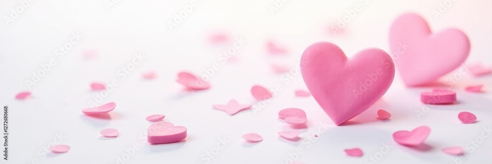 Obraz premium Delicate pink hearts strewn across white field Clean, minimal design , subtle, minimal, sweet