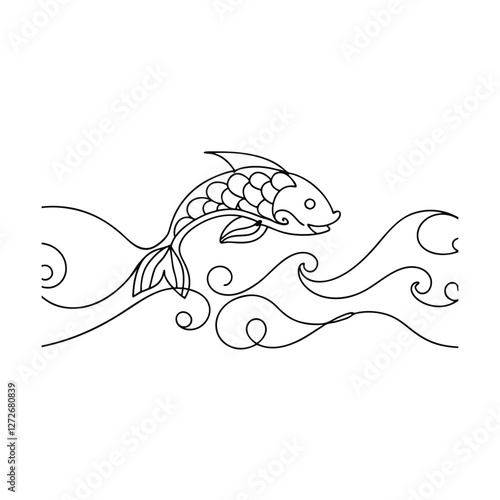 Leaping Koi Fish Line Art Aquatic Wave Design Illustration