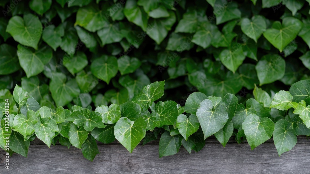Fototapeta premium Lush green ivy leaves covering a weathered wooden wall