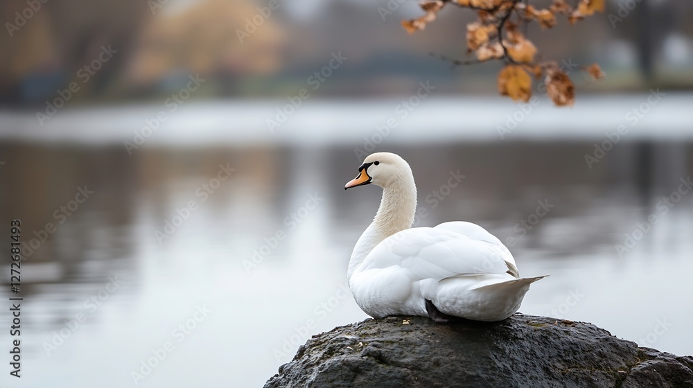 Elegant swan resting on a rock beside a peaceful lake : Generative AI Elegant swan resting on a rock beside a peaceful lake : Generative AI