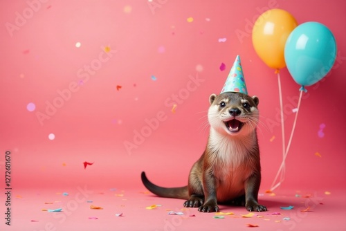 A playful otter celebrates a joyous occasion with colorful balloons and confetti, wearing a festive party hat.