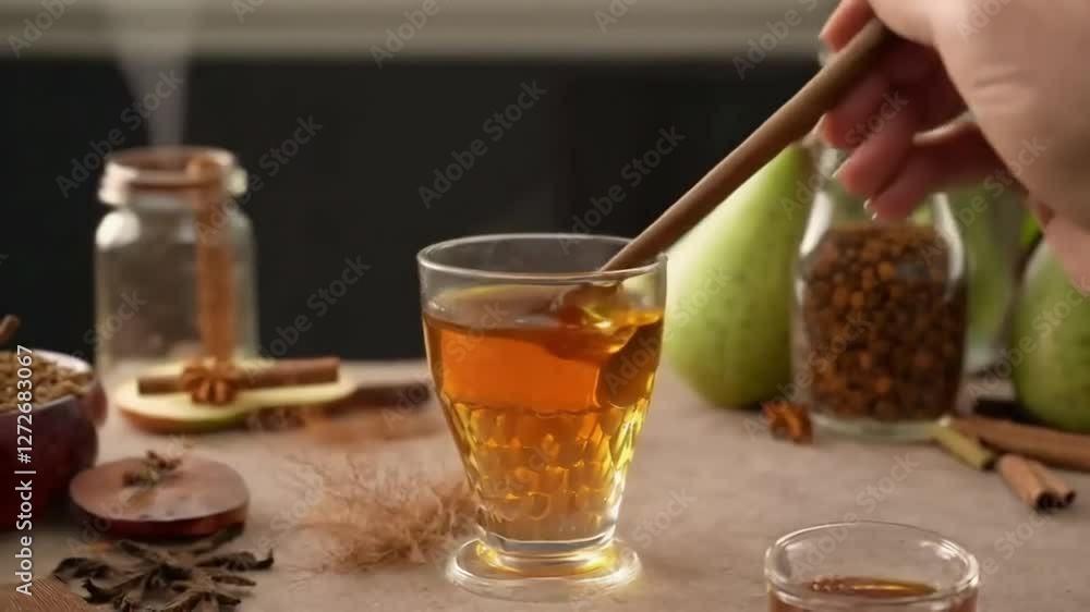 Warm apple cider in a glass with pears and spices. Warm apple cider in a glass with pears and spices.
