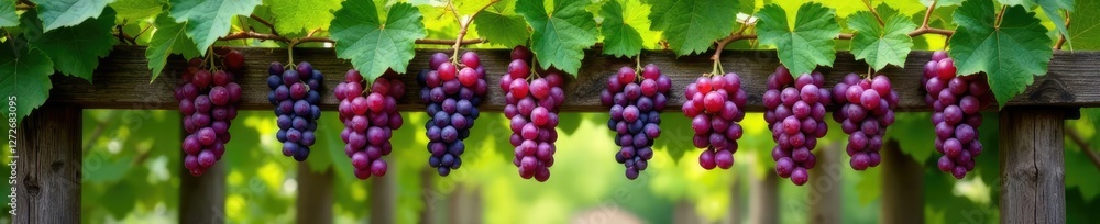 Lush row of grapes hanging from a rustic wooden trellis, wooden, rustic, arbor Lush row of grapes hanging from a rustic wooden trellis, wooden, rustic, arbor