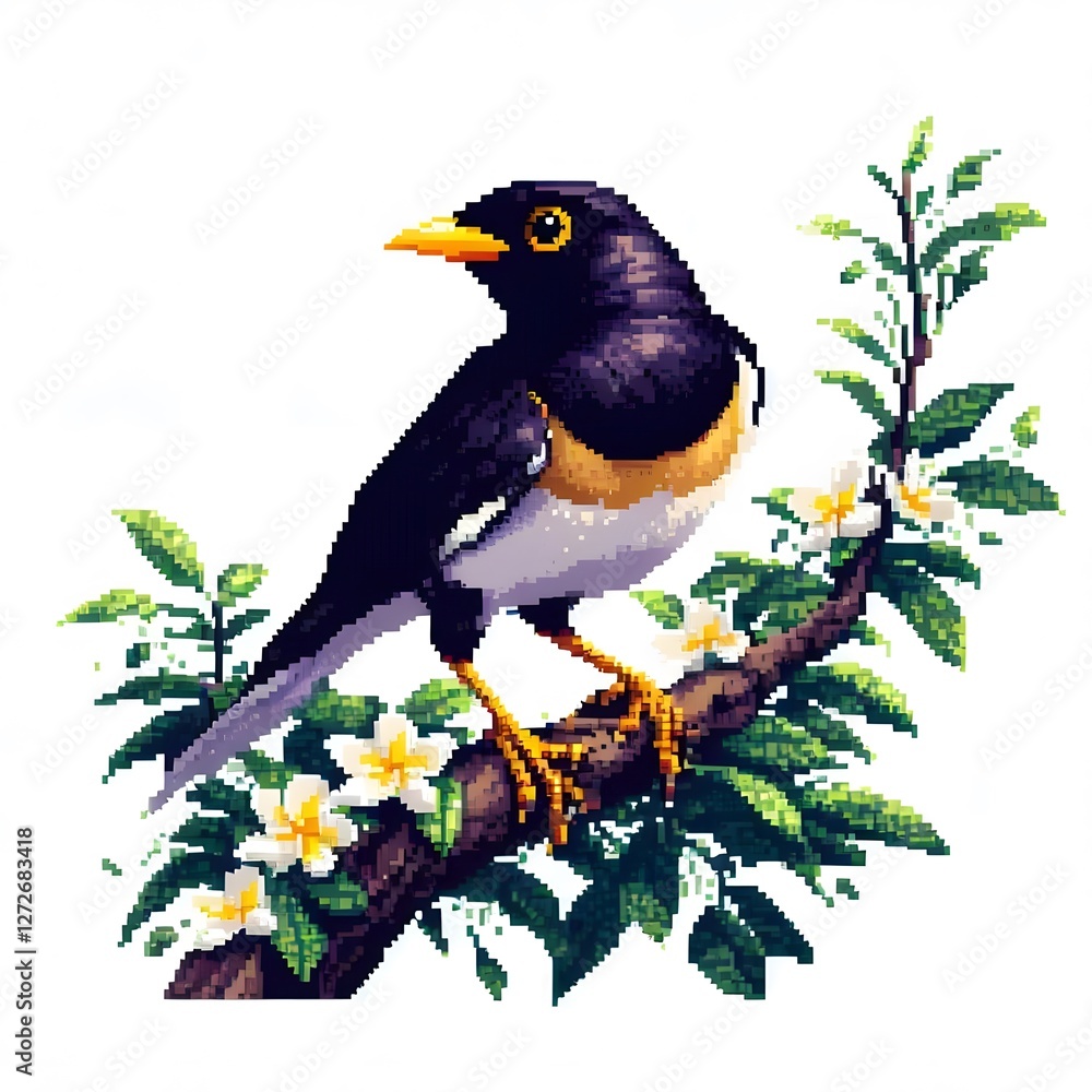 Fototapeta premium 구관조, 픽셀아트, jpeg (Hill myna, pixel art, jpeg)