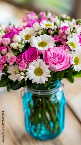 Wallpaper Mural Colorful bouquet of pink and white flowers in a glass jar on a wooden table Torontodigital.ca