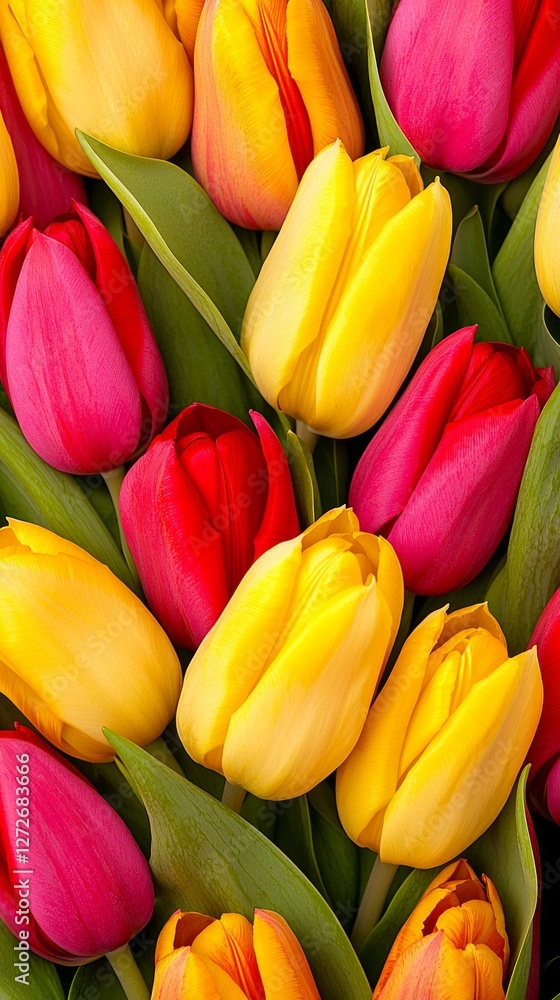 Fototapeta premium Colorful bouquet of tulips showcasing vibrant pink, red, and yellow flowers