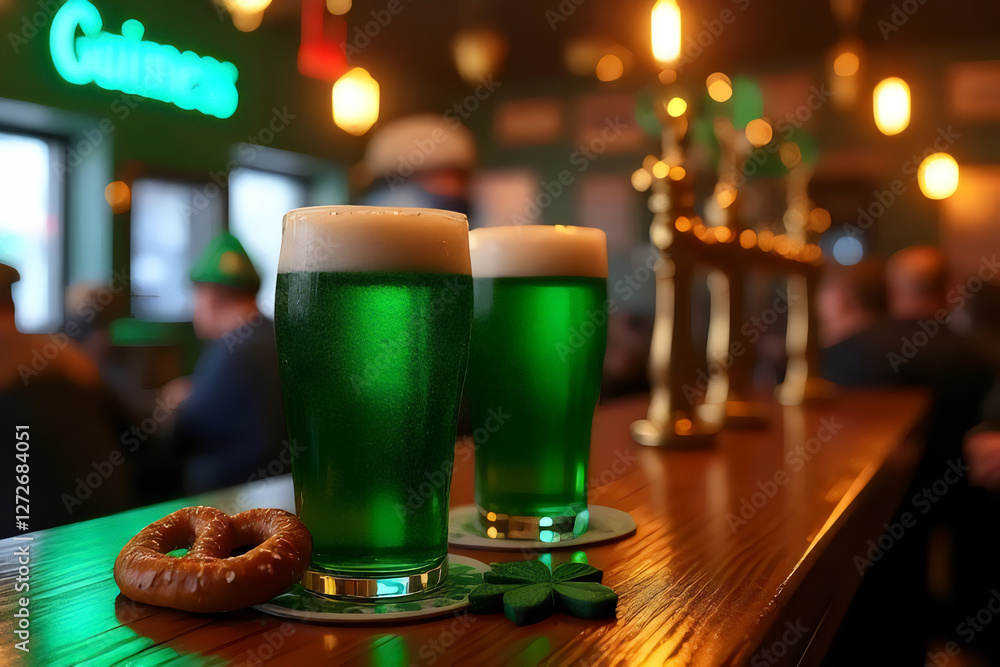 Two Glasses of Green Beer on a Bartop with Pretzel Two Glasses of Green Beer on a Bartop with Pretzel