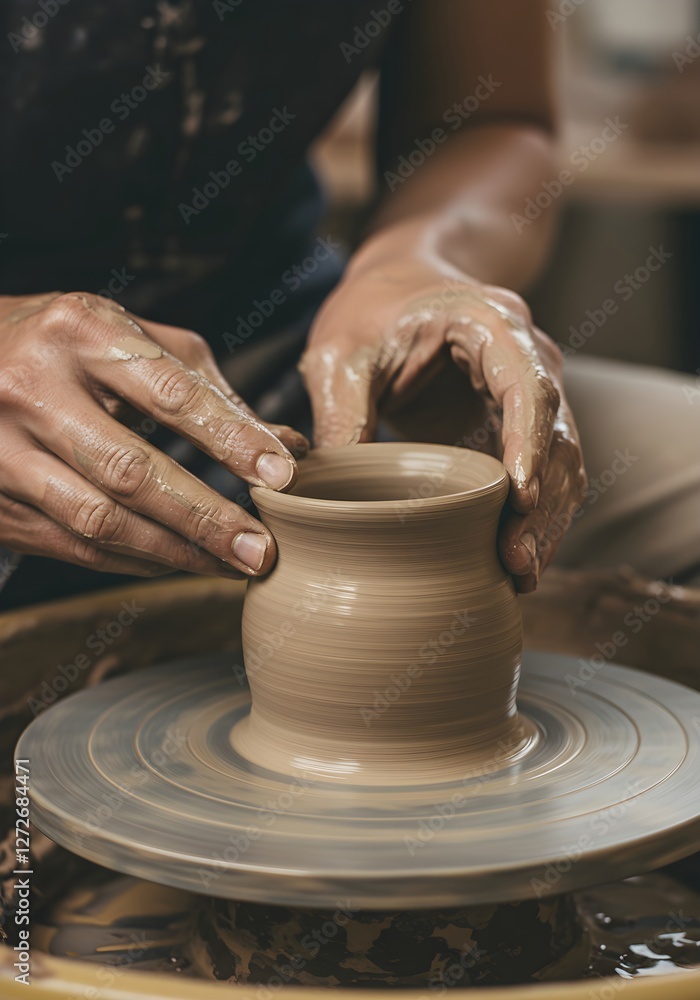 Hands shaping clay on pottery wheel. Artisan crafting ceramic vase. Traditional pottery making process. Handmade art creation. Closeup view of skilled craftsmanship. Hands shaping clay on pottery wheel. Artisan crafting ceramic vase. Traditional pottery making process. Handmade art creation. Closeup view of skilled craftsmanship.