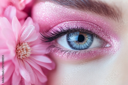Closeup of a beautiful woman's eye surrounded by pink makeup and flower