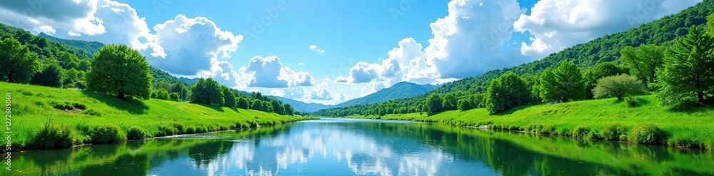 gentle river flowing through lush greenery under a vast blue sky with white puffy clouds, landscape scenery, river valley, blue sky gentle river flowing through lush greenery under a vast blue sky with white puffy clouds, landscape scenery, river valley, blue sky