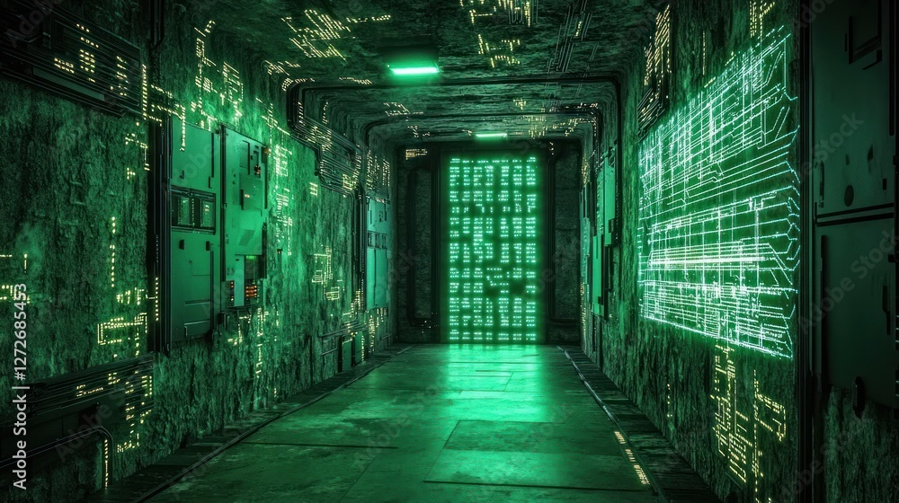 Fototapeta premium Glowing Green Digital Corridor: Futuristic Sci-Fi Tunnel