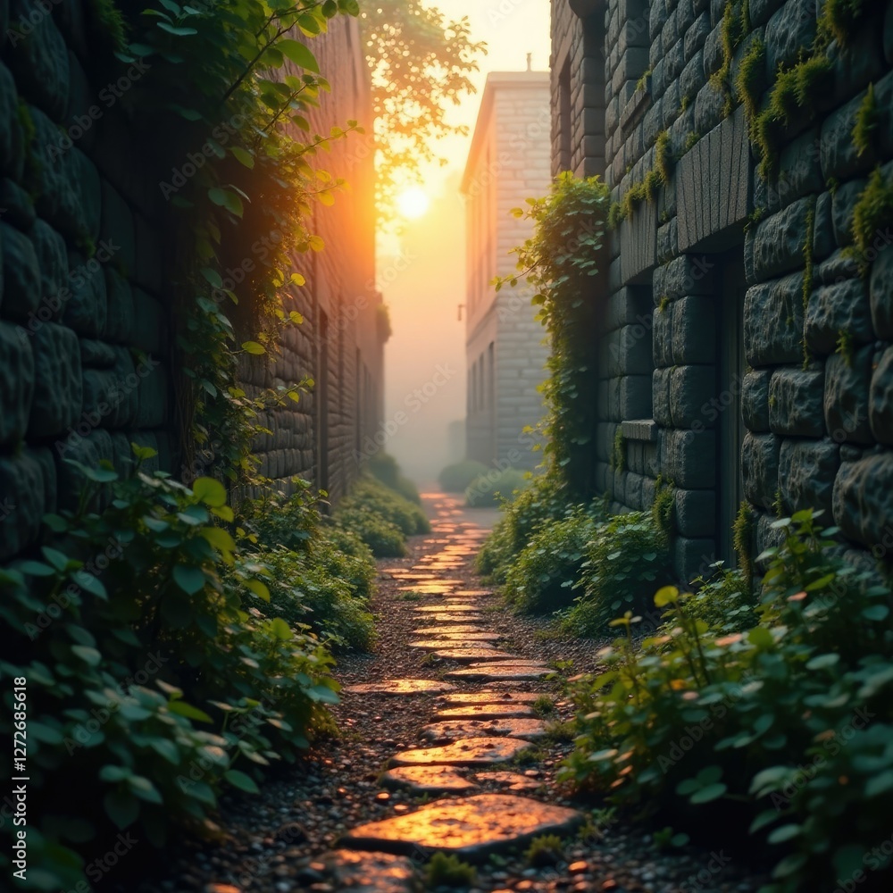 Obraz premium Misty dawn in small alley with mossy walls and vines, stone, serene