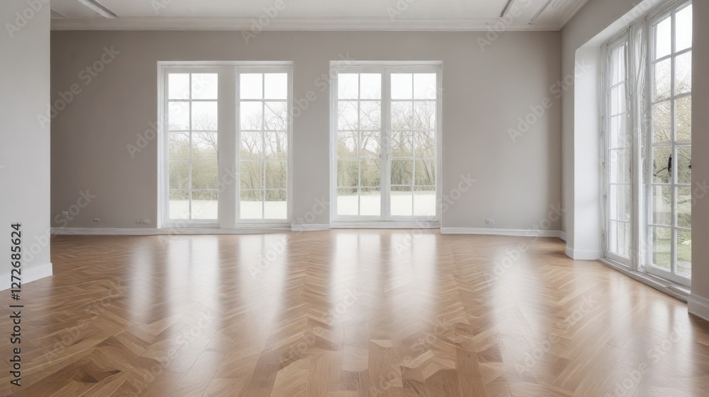 Fototapeta premium Spacious empty room with large windows and herringbone hardwood floor awaiting interior design