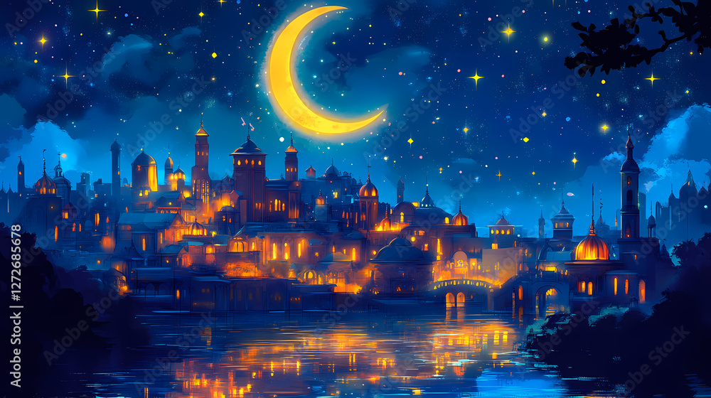 Fototapeta premium Enchanting nightscape with crescent moon over illuminated fantasy city and river. Enchanted Starlit River. Illustration