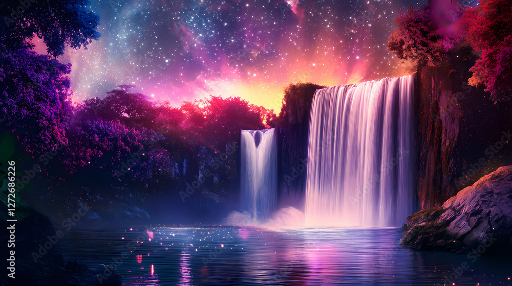 Fototapeta premium Ethereal waterfall cascading under starlit skies, vibrant colors reflecting in water, creating magical atmosphere. Enchanted Starlit River. Illustration
