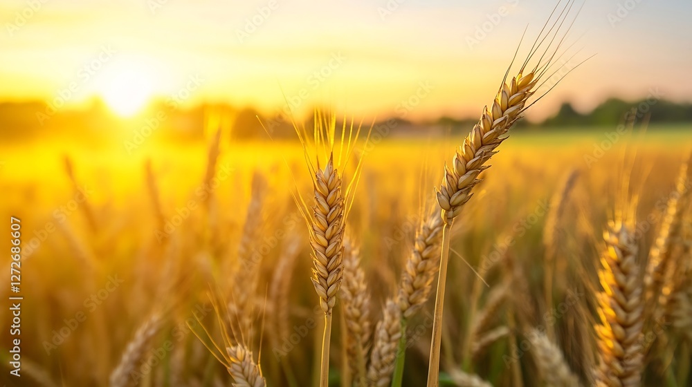 Golden wheat field illuminated by warm sunset light with sky and horizon in the background : Generative AI Golden wheat field illuminated by warm sunset light with sky and horizon in the background : Generative AI