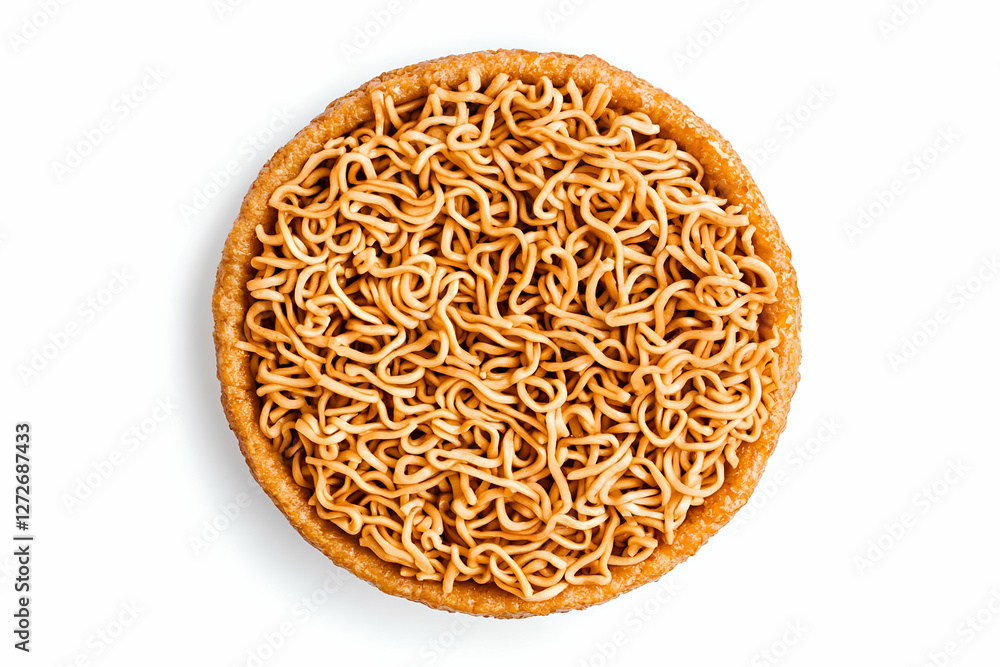 Instant noodles in a round container, overhead shot, white background, food photography Instant noodles in a round container, overhead shot, white background, food photography