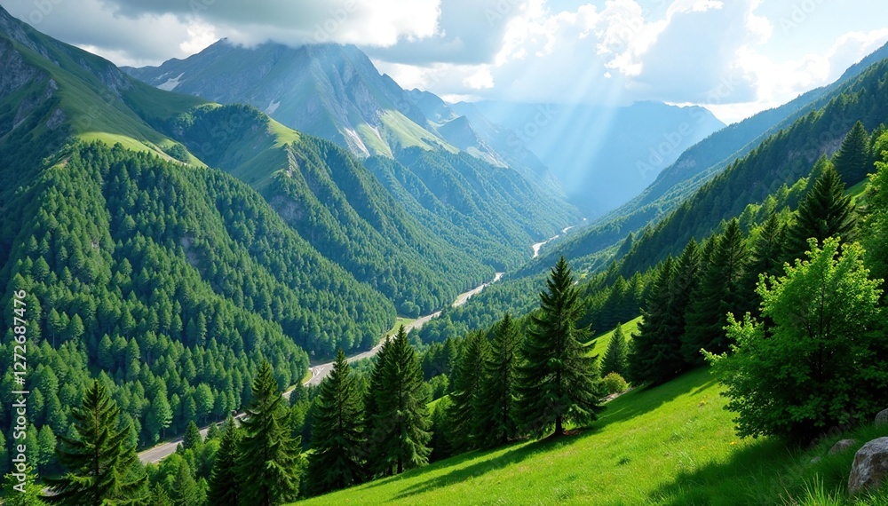 Fototapeta premium Lush green forest with rugged gray brown mountains, mountains, foliage