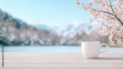 White coffee cup on a wooden table with cherry blossoms and a scenic mountain lake background.