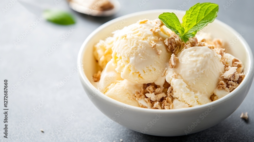 Delicious bowl of ice cream topped with crumbs and fresh mint leaves : Generative AI Delicious bowl of ice cream topped with crumbs and fresh mint leaves : Generative AI