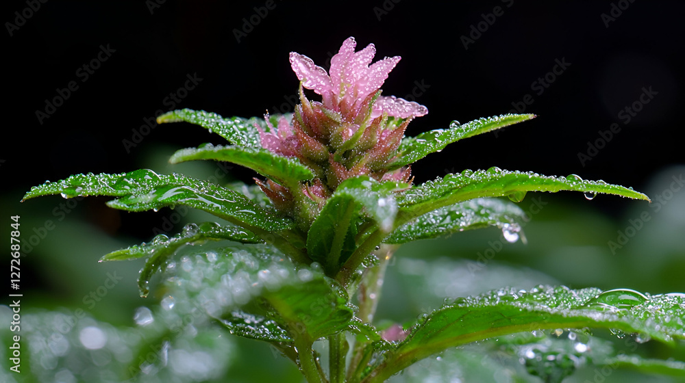 Dew-kissed pink flower, close-up, dark background, nature photography, botanical Dew-kissed pink flower, close-up, dark background, nature photography, botanical