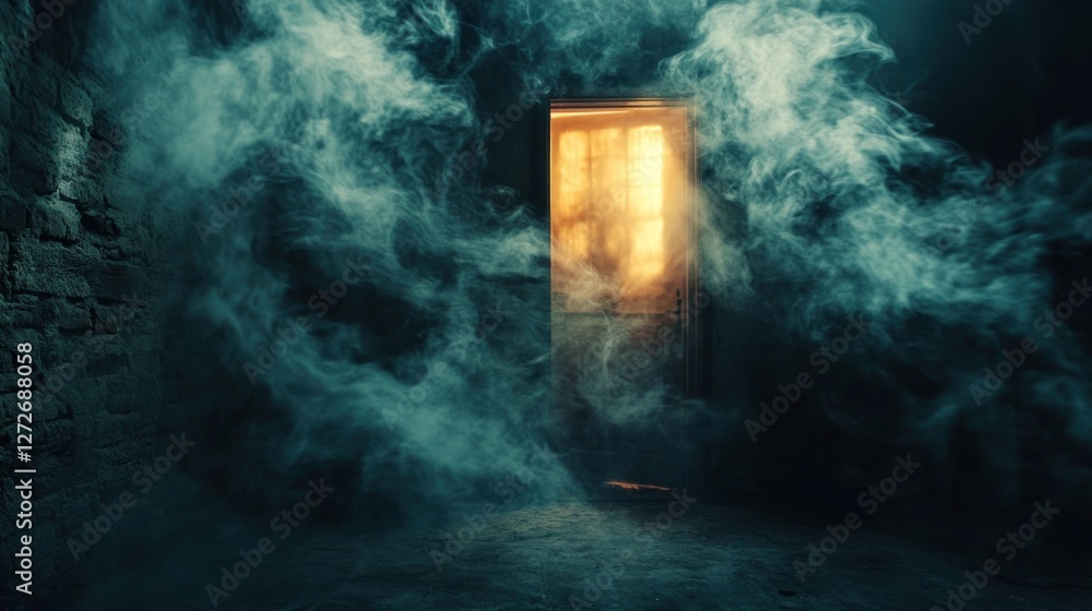 A dimly lit room with a glowing door surrounded by swirling smoke. A dimly lit room with a glowing door surrounded by swirling smoke.