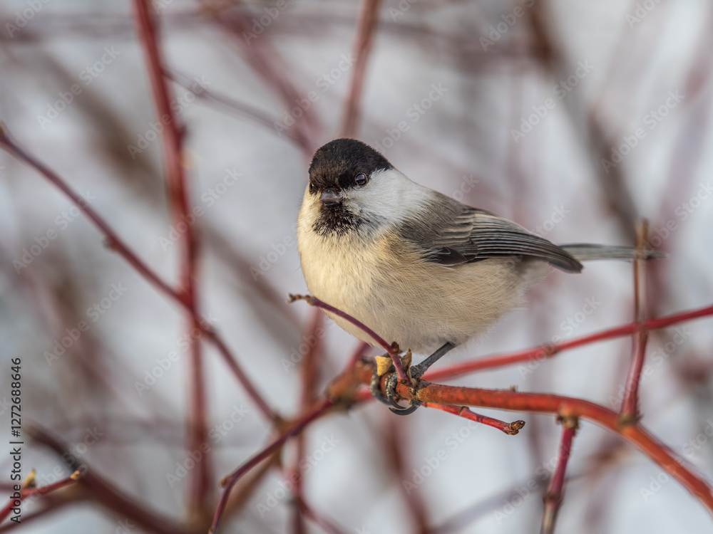 Cute bird the willow tit, song bird sitting on a branch without leaves in the winter. Cute bird the willow tit, song bird sitting on a branch without leaves in the winter.